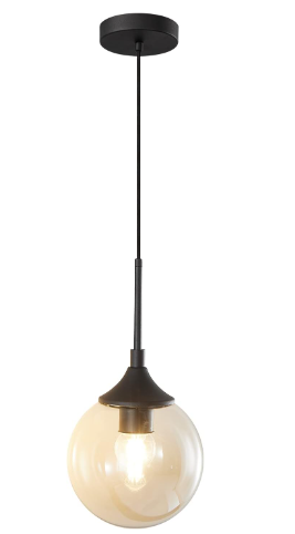 KCO Lighting Mid Century Modern Pendant Ceiling Lighting Black Glass Globe Pendant Light Fixture Kitchen Island Light with Adjustable Cord (Amber)