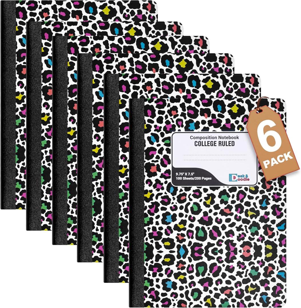 Composition Notebook Preppy with Leopard Print Design College Rule: 6 Pack, Cute Decorative Hardcover Writing Notebook With Sewn Binding and No Bleed Through, 200 Pages (100 Sheets), 9.75x7.5, For School or Office