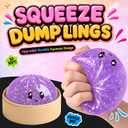 Mystery Glitter Dumpling Squishies with Steamer Box – Cute Bao Bun Stress Ball – Soft Squeeze Sensory Toy for Stress Relief – Sensory Fidget Toy Gift for Kids, Teens & Adults (Glitter Purple)