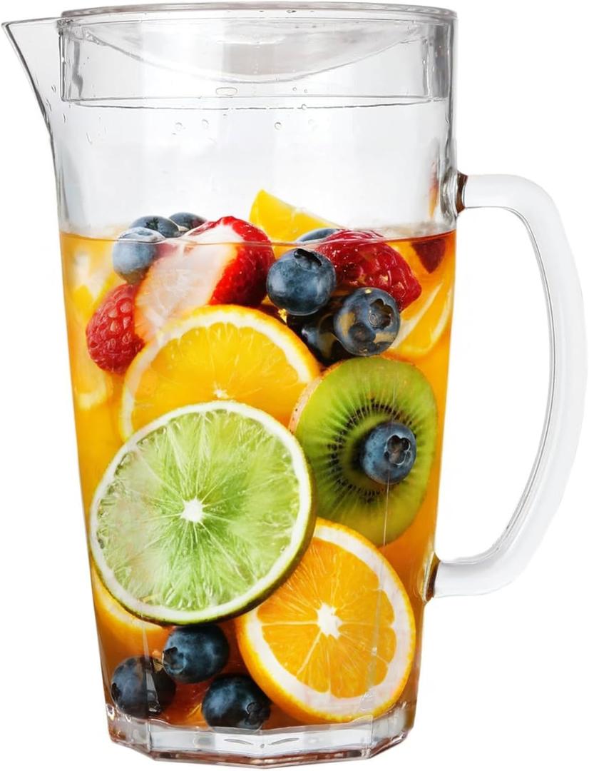 Lily's Home Break-Resistant Plastic Pitcher with Lid, Food Safe and BPA-Free, Sturdy and Ideal for Indoor or Outdoor Use for Lemonade, Beer or Water, Iced Tea, Classic Design (64 oz)