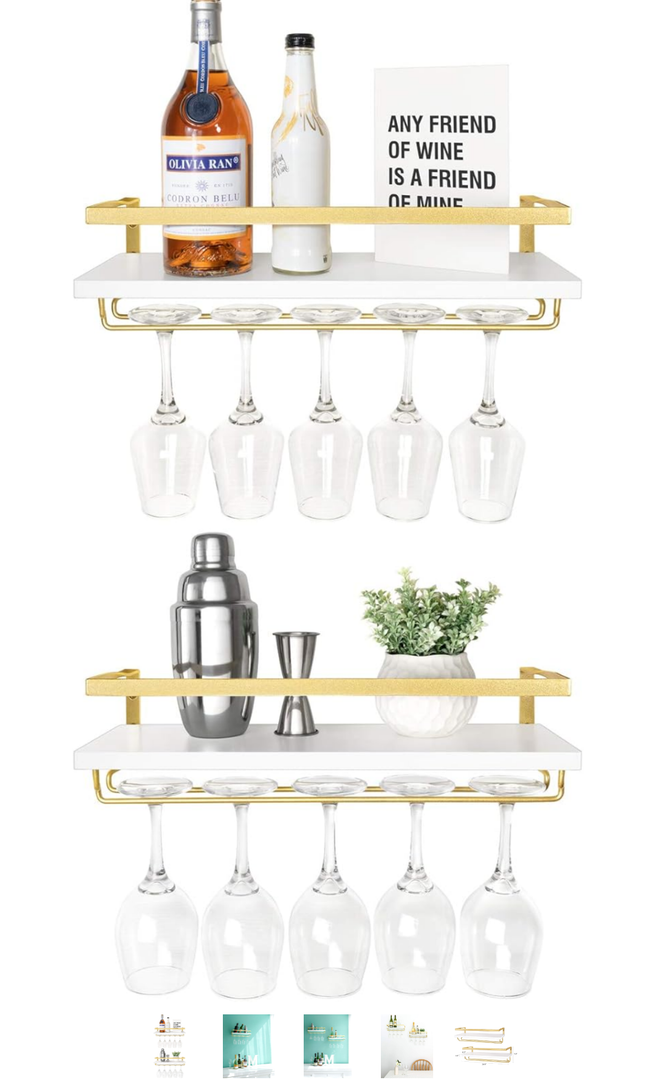 Mkono Wall Mounted Wine Rack Set of 2 White Wood Wine Bottle Glass Holder Floating Shelves with Stemware Hanger Modern Plants Photos Wine Display Storage Holder for Kitchen Dining Room Bar, 17 Inch