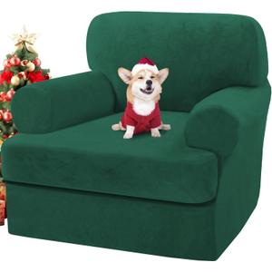 H.VERSAILTEX Sofa Cover 2 Piece T Cushion Armchair Slipcovers Thick Velvet Couch Cover Stretch T Cushion Sofa Covers for 1 Cushion Couch with 1 Individual T Cushion Covers, Vintage Green