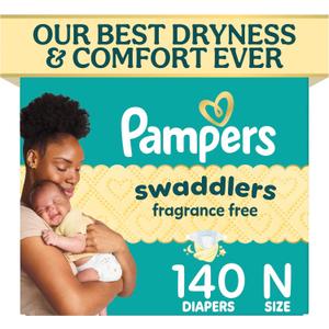 Pampers Swaddlers Diapers, Size 0 (up to 10 lbs), 140 Count, Fragrance Free, Hypoallergenic, Absorbent, Pediatrician Recommended, Skin Safe