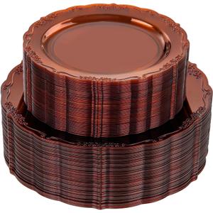 U-QE 100PCS Amber Plastic Plates - Clear Brown Plastic Plates Disposable Heavy Duty - Disposable Plates for Party Including 50PCS 10'' Dinner & 50PCS 7.5'' Dessert Plate