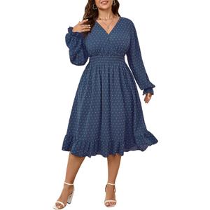Women's Plus Size Fall Dress Long Sleeve V Neck Smocked Swiss Dot Flowy High Waisted A Line Ruffle Midi Dress (Black)