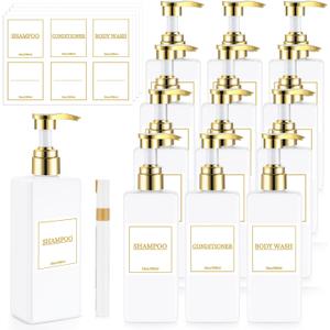 Gejoy 12 Pack White Shampoo and Conditioner Dispenser Bottles, 17 Oz/ 500ml Empty Refillable Pump Bottles with Labels and Marker Pen, Square Plastic Pump Dispenser Bottle for Bathroom Body Wash Shower