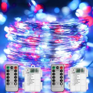 Curyidy 4th of July Decorations Lights, Red White Blue Fairy Lights 2 Pack 100LED String Lights Remote Control Patriotic Lights for Independence Memorial Day Decorations