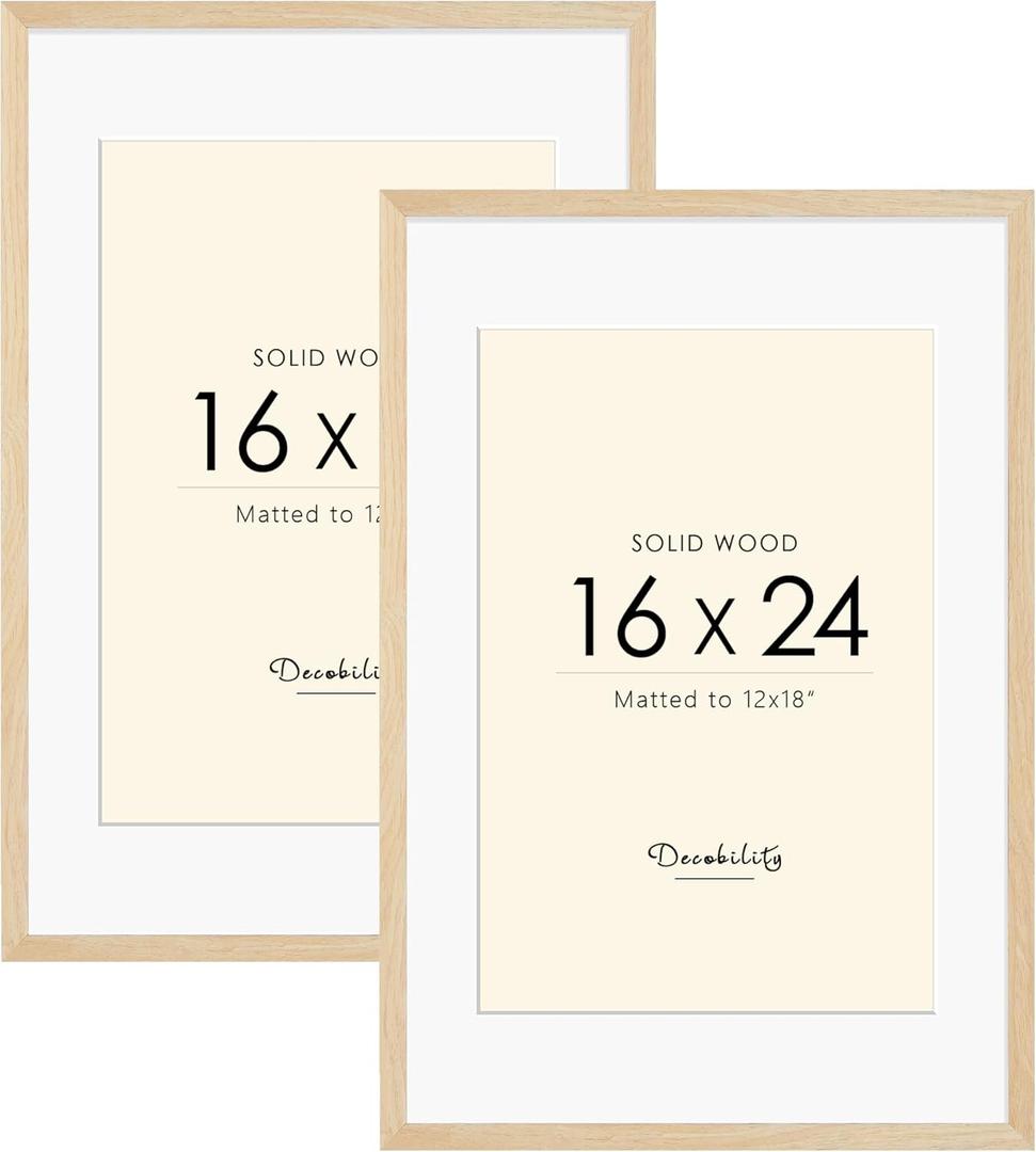 16x24 Solid Wood Poster Frame, Natural Wood Picture Frame with Paper Mat, Display picture 12x18 with mat or 16x24 without Mat, Set of 2 Oak Wood Grain Picture Frame