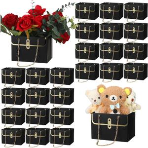 Lincia 24 Pcs Paper Flower Bags for Bouquets Wedding Flower Bouquets Boxes with Handle Chain Bags Rectangle Wrap Boxes for Women Mother's Day Wedding Lover Gift Decoration(Black)
