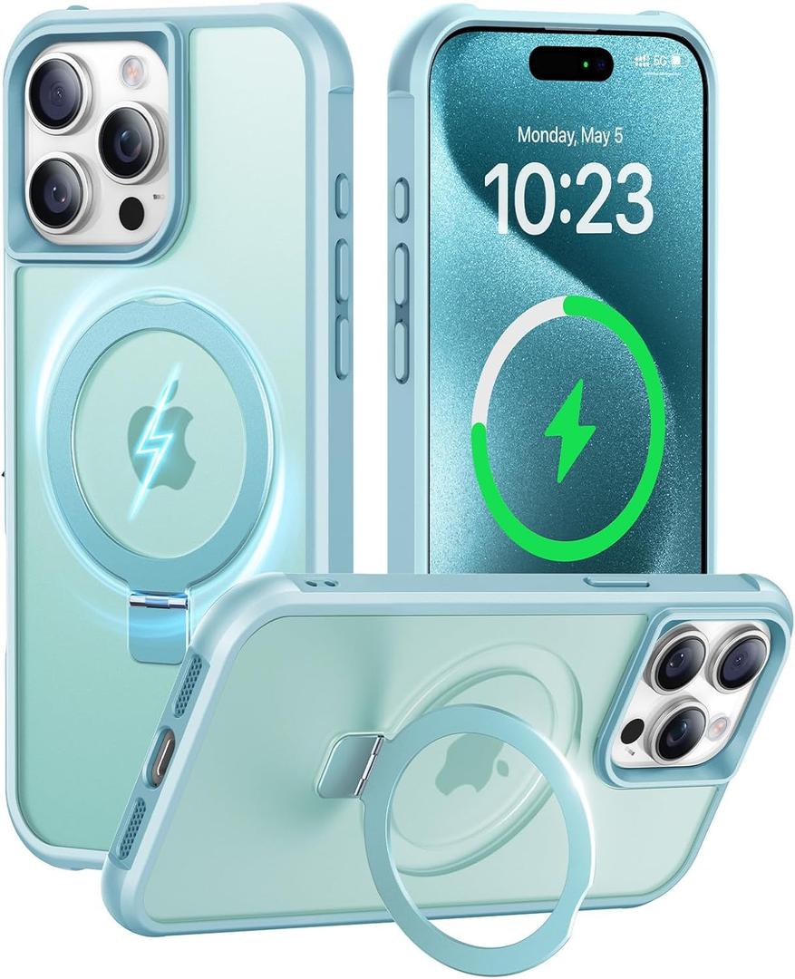 Magnetic Invisible Stand Designed for iPhone 15 Pro Max Case [Military Drop Protection] [Compatible with MagSafe] Shockproof Slim Translucent Matte Cover for iPhone 15 Pro Max Phone Case 6.7", Blue