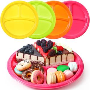 50 Pcs 10 Inch Plastic 3 Compartment Divided Plates Heavy Disposable Round Dinner Plates with Dividers for Wedding Birthday Party Dinnerware (Neon Color)
