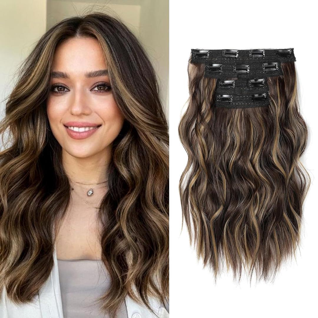 14" Short Clip in Hair Extensions - 4PCS Beach Wave Dark Brown With Highlights - Natural Soft Synthetic Hairpiece for Women