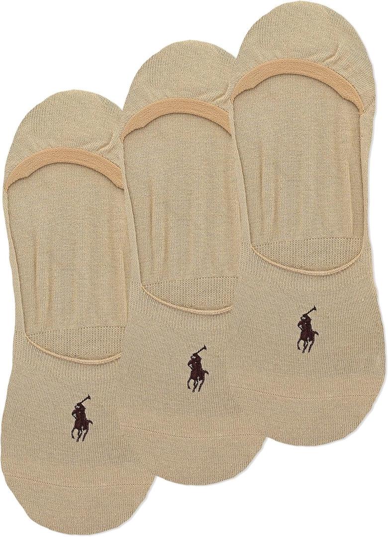 POLO RALPH LAUREN Dress Liner Socks - 3 Pair Pack - Lightweight Cotton Comfort With Non-slip Heel (12-17, Beige) XL