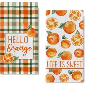 Seliem Hello Orange Spring Summer Kitchen Dish Towels Set of 2, Life is Sweet Tangerine Citrus Fruit Hand Towels Drying Baking Cooking Cloth, Plaid Check Farmhouse Home Kitchen Decor 18 x 26 Inches