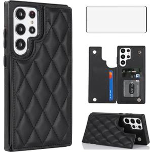 Asuwish Phone Case for Samsung Galaxy S23 Ultra 5G Wallet Cover with Tempered Glass Screen Protector and Leather RFID Credit Card Holder Stand Cell S23Ultra 23S S 23 23Ultra 6.8 inch Women Men Black
