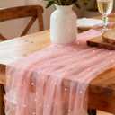 WELTRXE Pearl Table Runner 30x120 Inch 10FT Long, Pink Gauze Table Runners, Rustic Boho for Wedding Arch Birthday Party Bridal Veil Baby Shower Decorations