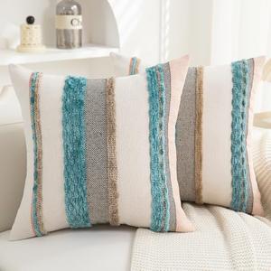 PLEPATE Boho Pillow Covers 18x18 Set of 2 for Couch-Modern Farmhouse Sofa Decorative Teal Throw Pillow Covers Textured Chenille Cushion Covers Outdoor Netural Bohemian Pillow Cases Square