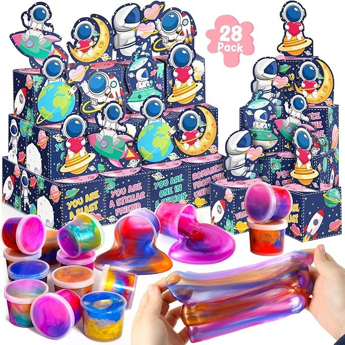 28 Pack Valentines Day Gifts for Kids, Galaxy Slime with Greeting Card Box Stress Relief Fidget Toy for Kids Party Favor Supplies, Classroom Exchange Prizes Valentine Party Gifts