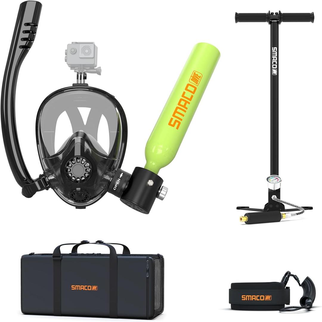 SMACO Mini Scuba Tank with Snorkel Mask 0.5L Portable Small Diving Tank with Full Face Diving Mask Reusable DOT Certified Pony Bottle Diving Cylinder Kit with High Pressure Hand Pump for Snorkeling