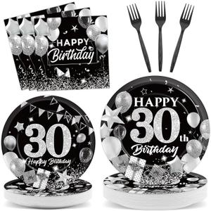 OBUSATT 96PCS 30th Birthday Party Supplies Black and White Silver 30th Happy Birthday Paper Plates Napkins 30th Party Decorations 30 Years Old Dinnerware Party Favor Men Women Tableware Serves 24