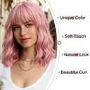 BERON 14 Inches Pink Wig for Women Girls Short Curly Synthetic Wig with Bangs Lovely Pink