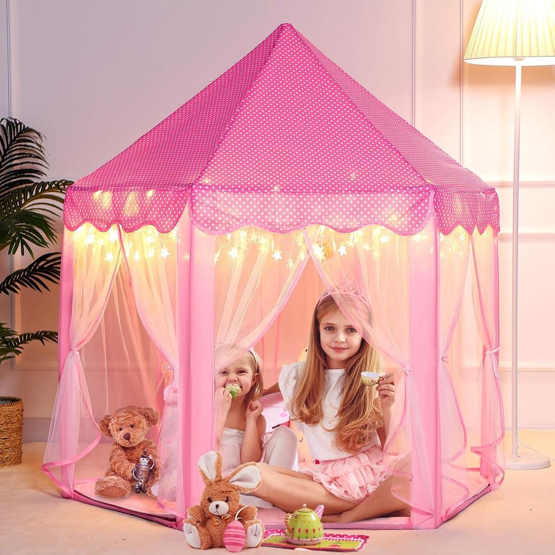 Girls Large Playhouse Kids Castle Play Tent with Star Lights Toy for Children Indoor and Outdoor Games, 55'' x 53'' (DxH) (Pink Tent with Star Lights)