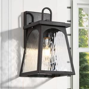 Black Farmhouse Outdoor Wall Lights, Modern Trapezoid Outdoor Exterior Light Fixtures Wall Mount with Water Ripple Glass, Waterproof Outdoor Wall Sconce Porch Lights for House, Front Door, Garage