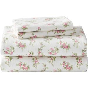 Laura Ashley - Flannel Sheets Queen Size, Anti-Pilling & Wrinkle Resistant Cotton, Touchably Soft for All-Season Comfort - Bed Sheets with Matching Pillowcases & Fitted Sheet (Audrey Pink)