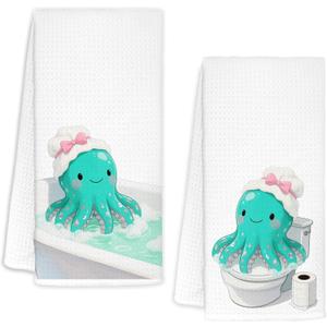 Octopus Bathroom Hand Towels Set of 2, Octopus Kids Bathroom Decor, Funny Cute Coastal Ocean Animal Beach Hand Towels for Kids Bath Room Washroom Toilet, 16x24 Inch
