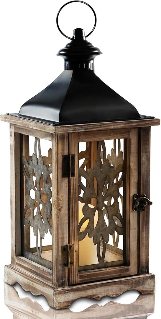 Homemory Rustic Christmas Farmhouse Lantern Decor, Wood & Metal 16'' Candle Lantern Hanging Candle Holders for Outdoor Indoor Home Living Room Patio Porch Table (Wood)