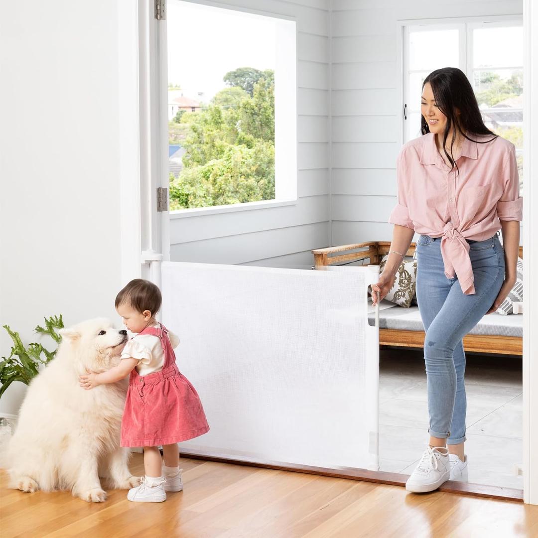 Retractable Baby Gate Perma Child Safety 33" Tall x 71 Wide, Mesh, for Stairs, Doorways, Dogs, Pets, Indoor, Outdoor, One-Handed Operation, Locking, Easy Install, Hardware Mount, White