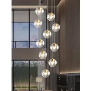 ykolupty 10-Light LED Staircase Modern Glass Globe Pendant Light Gold Chandeliers Large Chandeliers for High Ceilings, Entryway Lighting Fixture Villas and Stairs