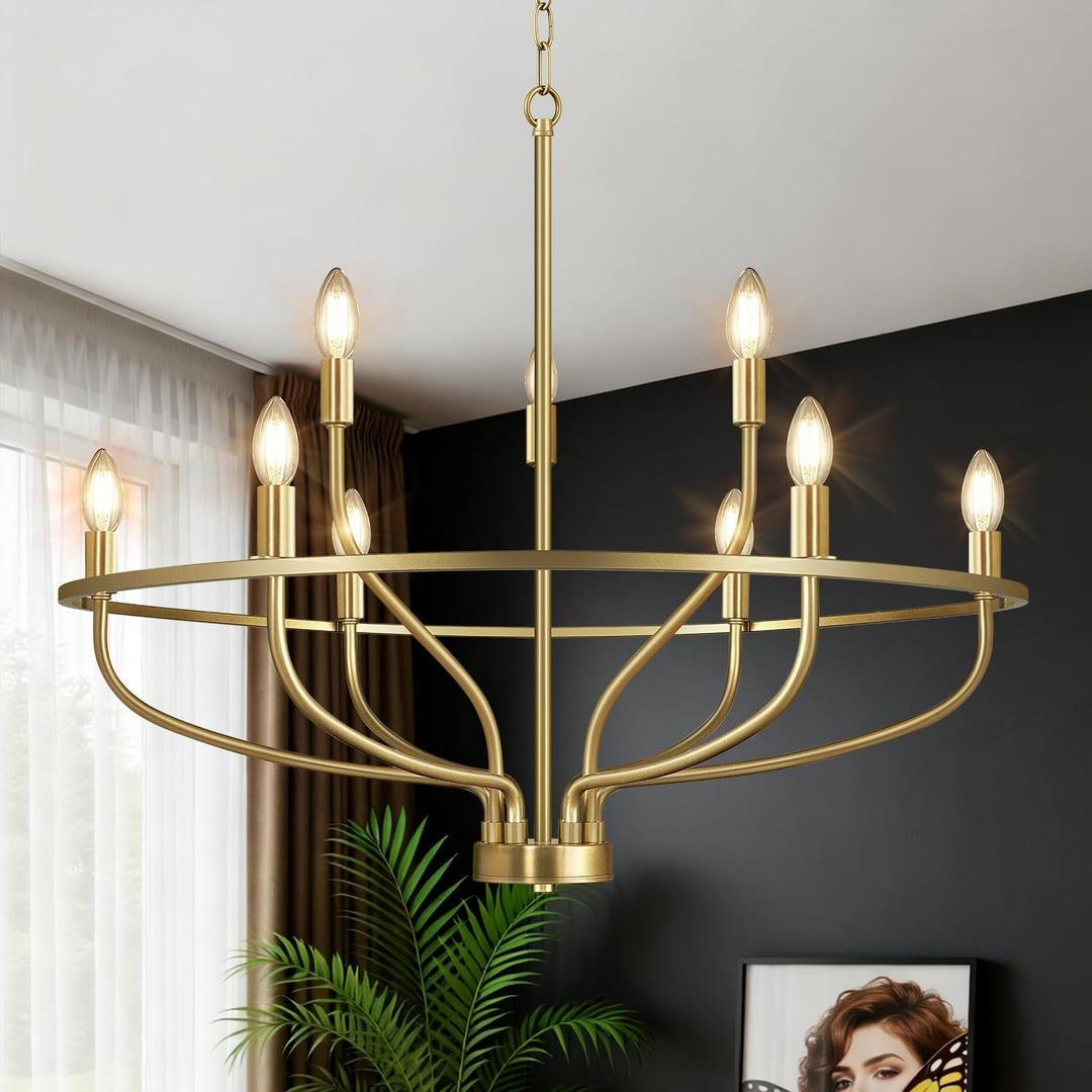30" Gold Chandelier, 9-Light Modern Farmhouse Chandelier for Dining Room Lighting Fixtures Hanging, Candle Chandelier Light for Living Room, Kitchen Island, Bedroom and Entryway (Bulbs Not Included)