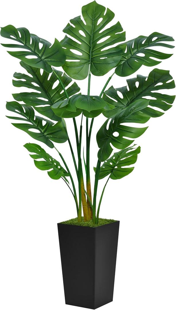 Artificial Monstera Deliciosa Plant 5FT - Faux Tropical Palm Tree with Black Tall Planter - Fake Swiss Cheese Floor Plant in Pot - Artificial Tree for Home Office Living Room Decor Indoor, Black 