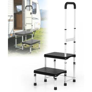 RV Step Stool with Handle for Elderly,2 Step Ladder with Handrail, Reinforced PP Wide Platform, Adjustable Height, Portable Stairs for Hot Tub/Camper/Mobile Home/Porch/SPA Pool/Pet Stairs