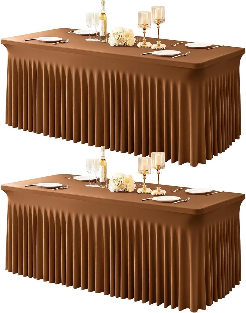 2 Packs Brown Spandex Tableclothes for 8 Foot Rectangle Tables, Wrinkle Free 8ft Fitted Table Cover Stretch Table Cloth Desk Skirt for Weddings Baby Shower Birthday Party Banquet Decorations