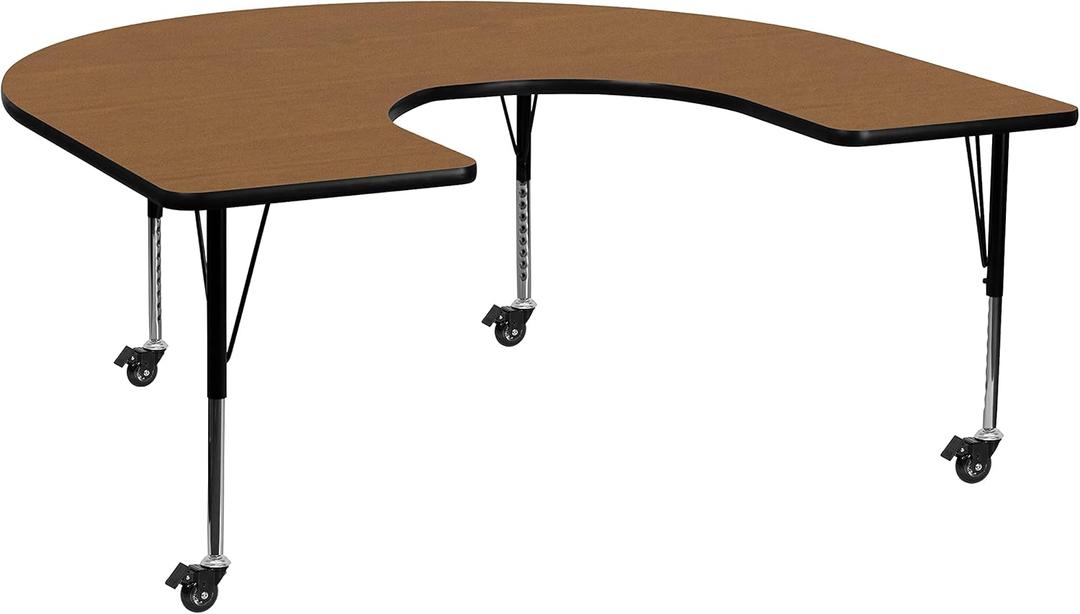 Flash Furniture Mobile Horseshoe Thermal Laminate Activity Table with Height Adjustable Short Legs, 60"W x 66"L, Oak