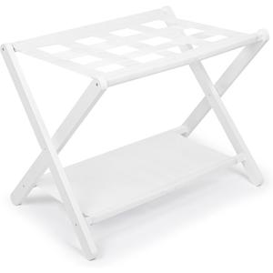 VASMIA Luggage Rack,Bamboo Suitcase Stand with Storage Shelf,Folding Luggage Stand for Guest Room,Hotel,Bedroom,Heavy-Duty, Holds up to 131 lb, White