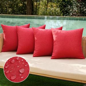 MIULEE Pack of 4 Decorative Outdoor Solid Waterproof Throw Pillow Covers Linen Garden Farmhouse Cushion Cases for Patio Tent Balcony Couch Sofa 16x16 inch Red
