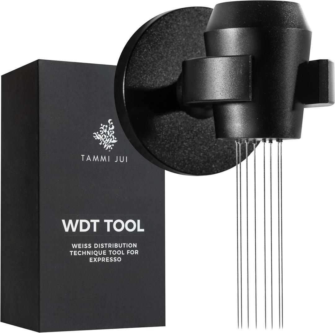 WDT Espresso Distribution Tool  8 Needle Coffee Stirrer (0.35mm) with Magnetic Wall Mount  Professional Aluminum Espresso Leveler for Clump Breaking & Consistent Extraction  Black