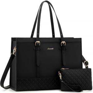 LOVEVOOK Laptop Tote for Women, 17.3 inch Waterproof PU Leather Computer Bag, Large Capacity Work Tote, Black