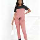 HBQ Women's Color Block 2 Piece Outfits Summer Travel Tracksuit Short Sleeve Tops High Waisted Jogger Pants Lounge Sets-Pink-(S)