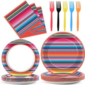 100PCS Mexican Serape Fiesta Plates and Napkins Party Supplies Mayo Day of The Dead Tableware Set Decor Favors for Mexico Taco Colorful Stripes Dia De Los Muertos Decor Serves 25