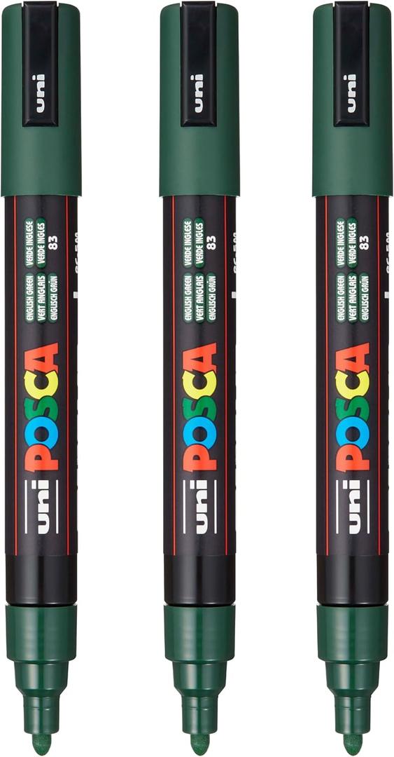 3 x posca PC-5M Water-Based Paint Markers, Reversible Medium Tip (1.8-2.5mm), English Green, 3 Count