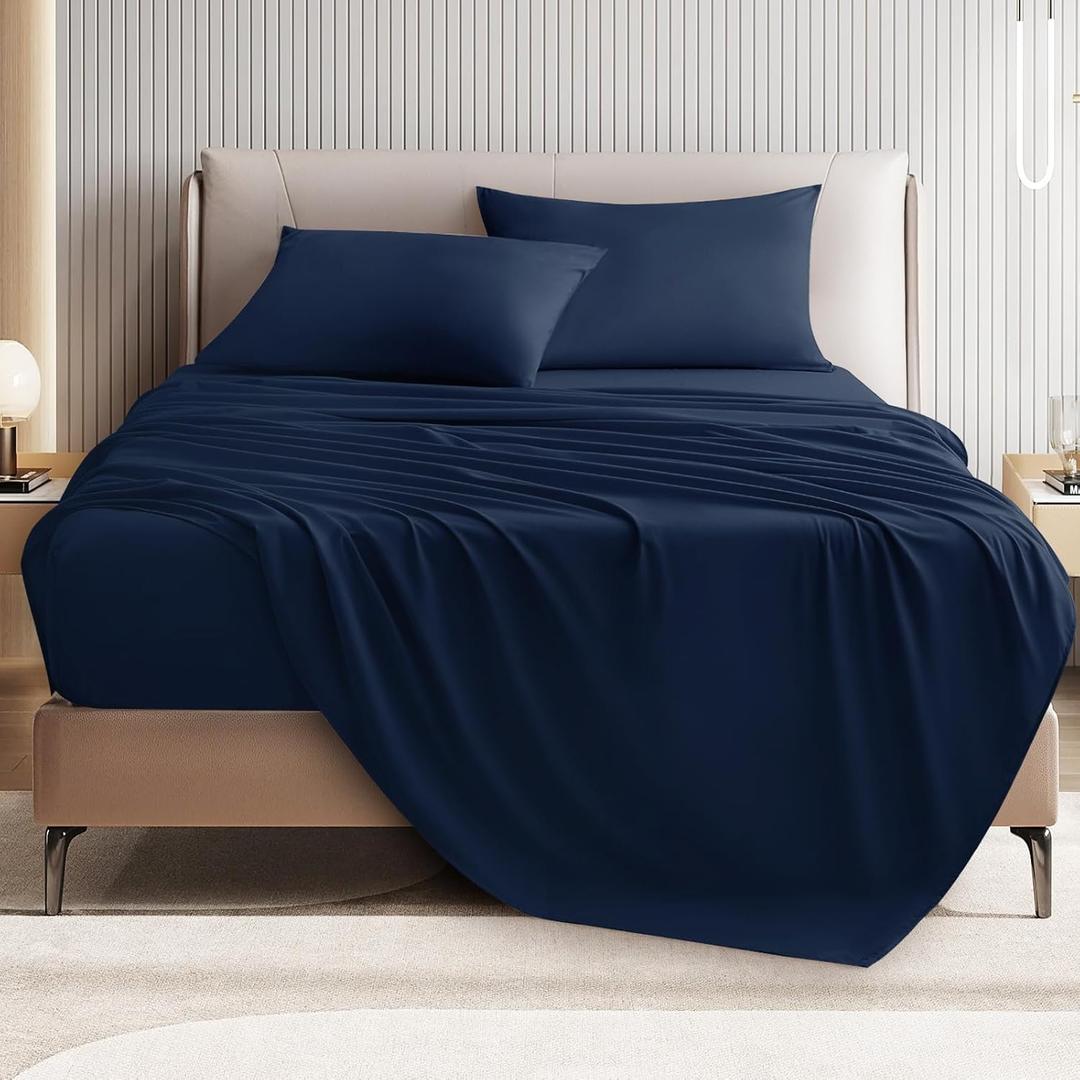 Queen Size 4 Piece Sheet Set - Comfy Breathable & Cooling Bed Sheets Set, Soft and Wrinkle Free, Deep Pockets, Easy & Secure Fit, Hotel Luxury Bedding for Women, Men - Oeko-Tex - Navy Blue