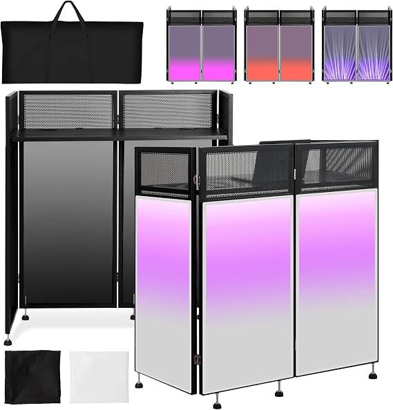 Portable DJ Booth 43"L x 20"W x 45"H, DJ Facade Booth with Black & White Scrims, Folding DJ Booth for Party, DJ Facade Table Booth with Cable Hole, Black Metal Frame + Carry Bag