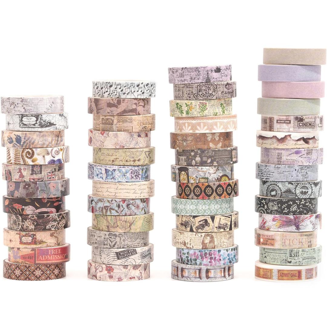 YUBBAEX Vintage Washi Tape Pack 50 Rolls Retro Printed Masking Tape Antique Patterns Decorative for Arts, DIY Crafts, Journal Supplies, Planners, Scrapbook, Card/Gift Wrapping