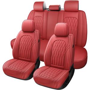 WELLDO Car Seat Covers Full Set, Leather Seat Covers for Cars, Car Seat Protector Waterproof, Non-Slip Car Interior Covers Full Set Universal Automotive Seat Covers for Most Sedans SUVs, Burgundy
