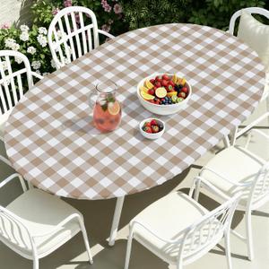 Smiry Oval Picnic Tablecloth, Elastic Waterproof Fitted Vinyl Tablecloths for 48" - 68" Tables, Flannel Backed Buffalo Plaid Table Cover for Dining, Camping, Outdoor, White and Khaki, For Up to 48"-68" Oval