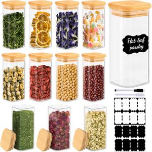 TBWIND 12 Pack 10 oz Square Glass Spice Jars with Lids and Labels Airtight Small Spice Containers Set, Clear Glass Storage Jars for Seasoning, Spices, Kitchen Pantry Organization